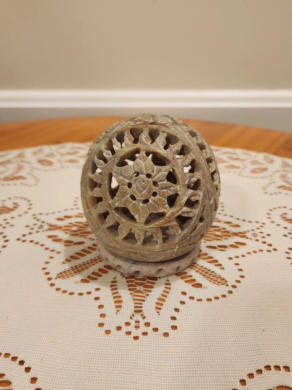 Handcrafted Carved Soapstone Tealight Holder With Floral Cutouts